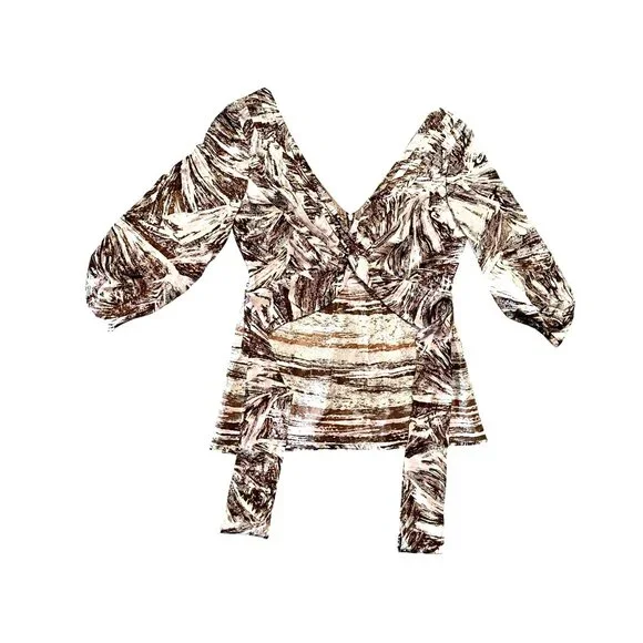 BCBG MaxAzria S Pink Brown Silk Blouse Abstract Print Draped V Neck Designer Top - Picture 12 of 12